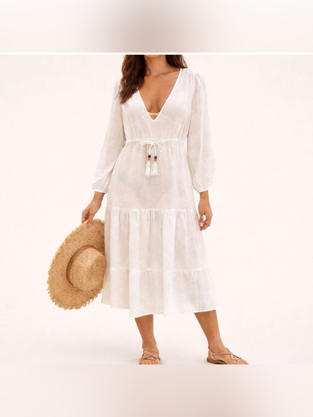 ✨Joie White‎ Sheer Beach Cover Up Tassel Tie Midi Dress Small Boho✨